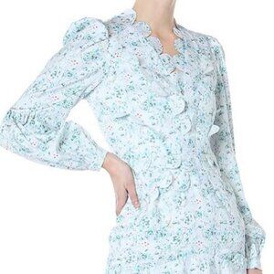 Beulah White & Blue Dress with scalloped sleeves